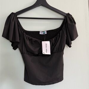 Unique Vintage Black Flutter Sleeve Crop Top